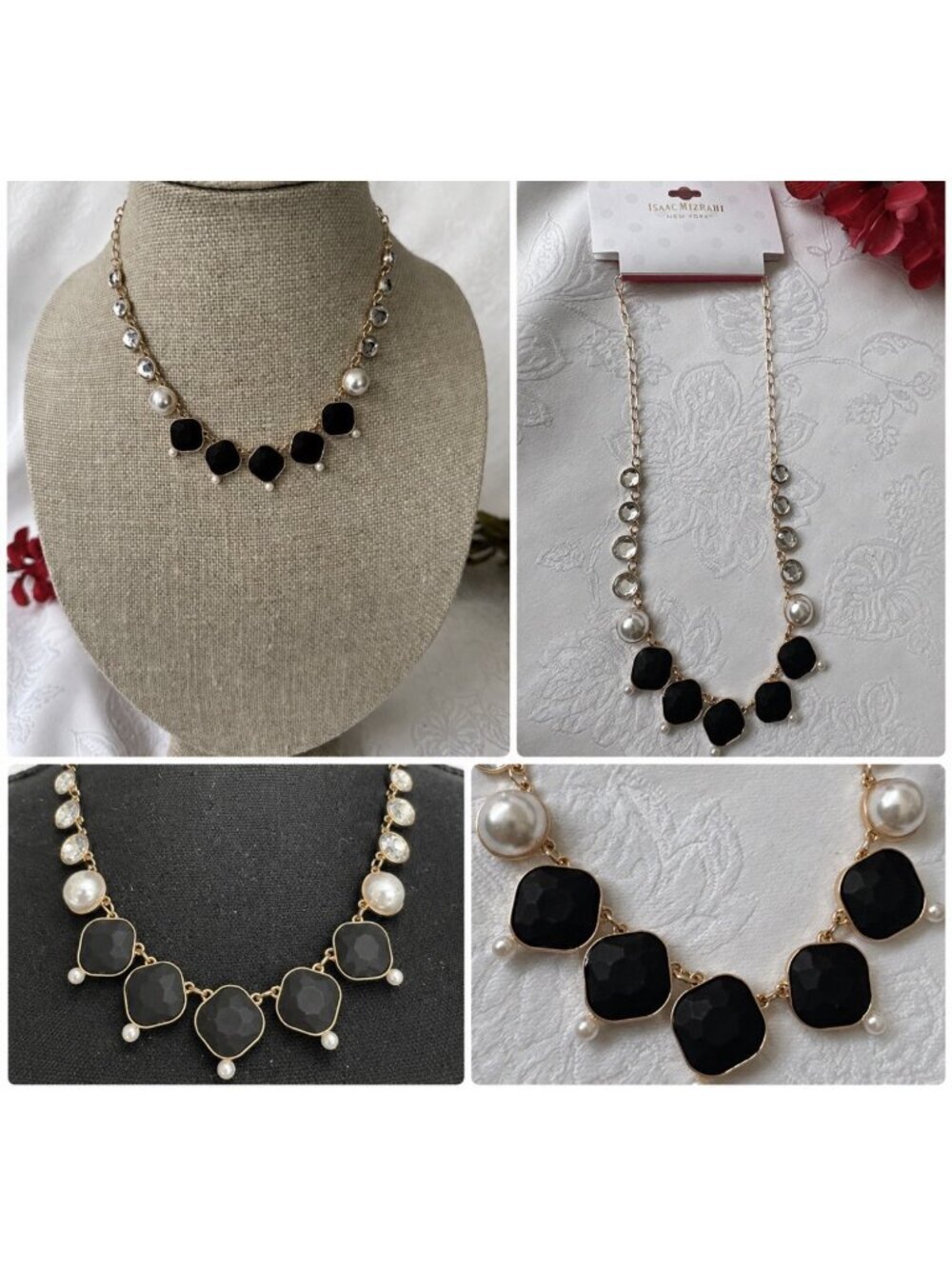 Isaac Mizrahi 18" Goldtone Black Stone Pearl Rhinestone Chain Statement NEW